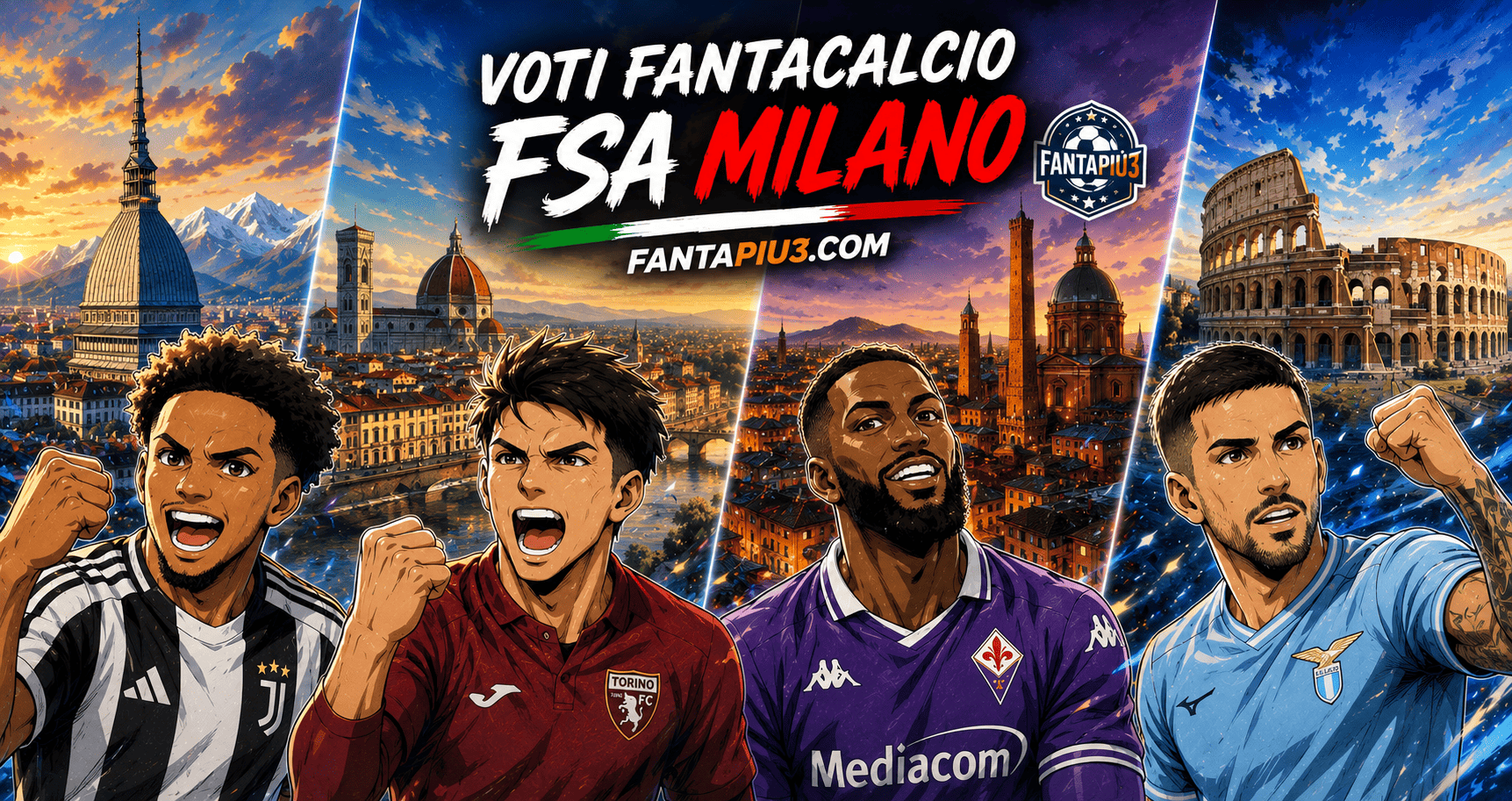 voti fantacalcio fantapiu3 8ª TORINO MONZA E CAGLIARI BOLOGNA E COMO SASSUOLO E NAPOLI ROMA E LAZIO PARMA E INTER FIORENTINA E ATALANTA FROSINONE E GENOA VENEZIA E LECCE JUVENTUS E UDINESE MILAN pagelle serie a